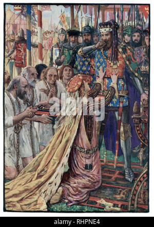 Edward III. In Calais. Von Henry Justice Ford (1860-1941). 1346 belagerte Edward III Calais. Philip VI. Von Frankreich befahl der Stadt, um jeden Preis durchzuhalten. Philip konnte die Belagerung nicht aufheben, und der Hunger zwang die Stadt schließlich, um Kapitulation zu verhandeln. Sechs Bürger von Calais boten an, ihr Leben zu opfern, um die Belagerung zu beenden. Sie wollten hingerichtet werden, aber ihr Leben wurde verschont durch die Intervention der englischen Königin Philippa von Hainault, die ihren Mann überredete, Gnade zu üben. Stockfoto