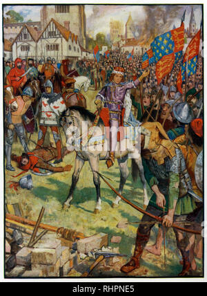 Richard II. Und Wat Tyler. Von Henry Justice Ford (1860-1941). Walter 'Wat' Tyler (d1381) war ein Anführer der Bauernaufstände von 1381 in England. Er marschierte mit Rebellen von Canterbury nach London, um sich gegen die Einführung einer Umfragesteuer zu wehren und wirtschaftliche und soziale Reformen zu fordern. Tyler wurde von Offizieren getötet, die König Richard II. Bei Verhandlungen in Smithfield, London, treu ergeben waren. Stockfoto