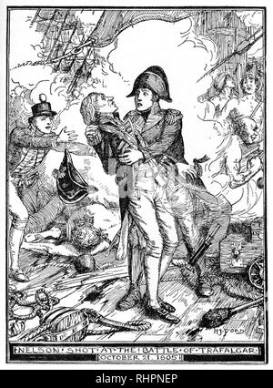 Nelson erschoss die Schlacht von Trafalgar am 21. Oktober 1805. Von Henry Justice Ford (1860-1941). Die Schlacht von Trafalgar (21. Oktober 1805) war ein Marineeinsatz, der von der britischen Königlichen Marine während des Krieges der Dritten Koalition der Napoleonischen Kriege gegen die Flotten der französischen und spanischen Marine gekämpft wurde. Die königliche Marine, angeführt von Admiral Lord Nelson an Bord der HMS Victory, besiegte die französische und spanische Koalition unter der Führung des französischen Admirals Villeneuve. Während der Schlacht wurde Nelson von einem französischen Musketier erschossen und starb kurz bevor die Schlacht zu Ende war. Stockfoto