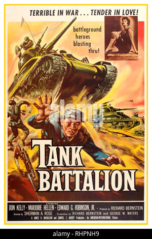 Original Vintage movie poster für einen Tank Battalion (auch als Koreanische Angriff bekannt). Dies ist ein 1958 Krieg Film von Sherman A. Rose Regie und Hauptdarsteller Don Kelly, Leslie Parrish und Edward G.Robinson jr. Vier Männer in Ihrem Tank, während des Koreakrieges 1951, finden sich hinter den feindlichen Linien. American International Pictures ursprünglich veröffentlichte den Film als Double Feature mit der Hölle Squad. Hauptdarsteller Don Kelly, Marjorie Hellen und Edward G.Robinson, Jr. Land: USA. Jahr: 1958 Stockfoto