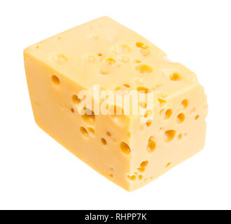 Stück gelbe medium-hard Kuhmilch schweizer Käse mit internen Bohrungen auf weißem Hintergrund Stockfoto