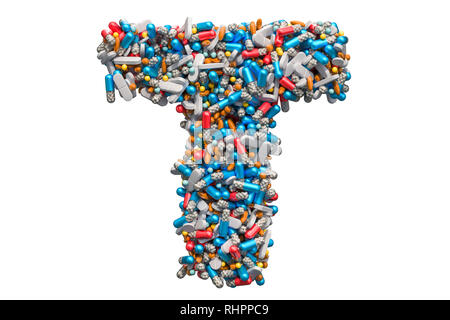 Buchstaben T aus der Medizin Pillen, Kapseln, Tabletten. 3D-Rendering auf weißem Hintergrund Stockfoto