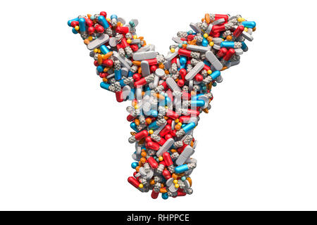 Buchstabe Y von der Medizin Pillen, Kapseln, Tabletten. 3D-Rendering auf weißem Hintergrund Stockfoto