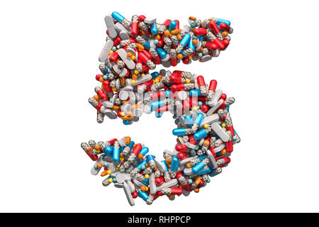 Die Nummer 5 von der Medizin Pillen, Kapseln, Tabletten. 3D-Rendering auf weißem Hintergrund Stockfoto