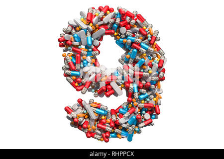 Nummer 9 von Medizin Pillen, Kapseln, Tabletten. 3D-Rendering auf weißem Hintergrund Stockfoto