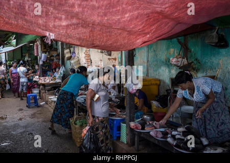 Bagan, Myanmar - 28. September 2016: Kauf von Fisch in Nyaung U Markt Stockfoto