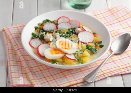 Feder Suppe mit Spinat, Kartoffeln, Karotten, Blumenkohl, Rettich, grüne Erbsen, und gekochtem Ei Stockfoto