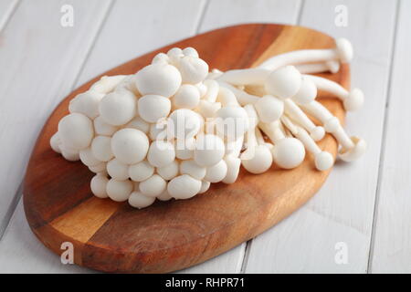 Bündel von raw Shimeji Pilze auch als Weiße buche Pilze bekannt auf einer hölzernen Schneidebrett Stockfoto