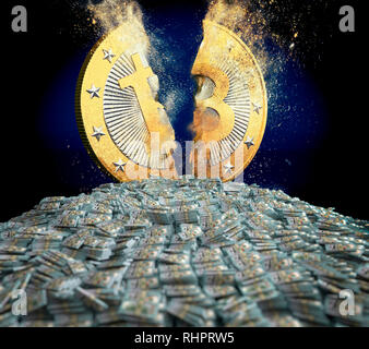 Eine gebrochene Bitcoin auf einem Haufen neuer 100-Scheine - 3D-Rendering Stockfoto