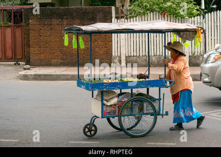 Eine alte asiatische Frau schiebt ihr die Frucht Wagen durch die Straßen von Chiang Mai, Thailand. Stockfoto