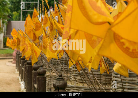 Vielen gelben Dhamma Chakka oder das Rad des Dhamma buddhistischen Fahnen in einem buddhistischen Tempel in Chiang Mai, Thailand fliegen. Stockfoto