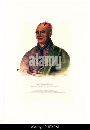 Drucken zeigt Thayendanegea (Joseph Brant), Kopf und Schultern hoch, nach links, trägt Schal über der linken Schulter und mehrere Halsketten. Stockfoto