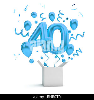 Happy 40th birthday blau Überraschung Ballon und Box. 3D-Rendering Stockfoto