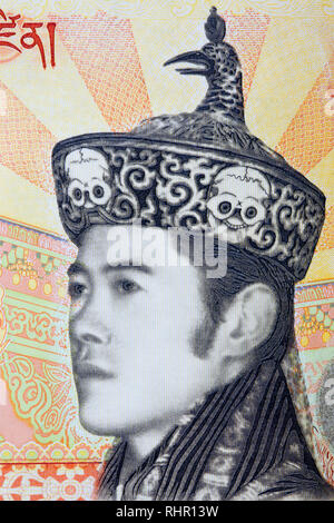 Jigme Khesar Namgyal Wangchuck Portrait von BHUTANISCHEN Geld Stockfoto