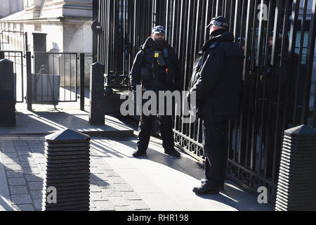 Bewaffnete Polizei bewacht den Eingang zur 10 Downing Street, Whitehall, London.UK Stockfoto