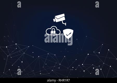 Abstrakte Digitale Netzwerk Konzept Sicherheit System mit Kamera, Cloud und Schild mit Abstrakten dunklen Hintergrund Stock Vektor