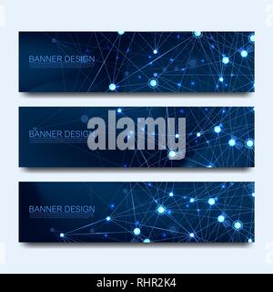 Abstrakte Moleküle Banner mit Linien, Punkte, Kreise, Polygone. Vektor Design Netzwerk kommunikation Hintergrund. Futuristische digitale Wissenschaft Stock Vektor