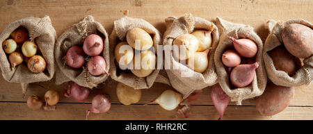 Blick von oben auf die Zwiebel Sortiment und Kartoffeln in Sack Säcke im rustikalen Bauernhof Ernte von Gemüse aus ökologischem Konzept banner Stockfoto