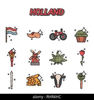 Holland flachbild Symbole gesetzt. Symbole Reisen und Kultur Europas. Vektorgrafiken mit Niederlande Symbole. Stock Vektor