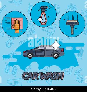 Auto waschen Flachbild Konzept isoliert Symbole Symbole Vector Illustration Stock Vektor