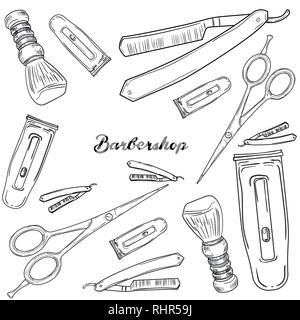 Satz von Vintage barbershop Elemente. Scheren, Rasiermesser, Rasierpinsel, Friseur Pole, Rasierspiegel, Schnurrbart comp Stock Vektor