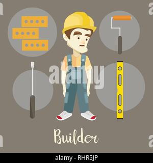 Builder auf einem dunklen Hintergrund. Cartoon Stil. Vector Illustration. Stock Vektor