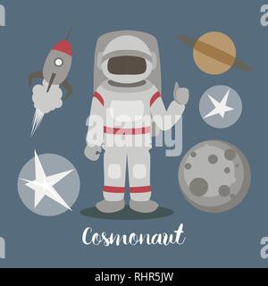 Astronaut in der Solar System Design. Kosmonaut isoliert Vector Illustration Stock Vektor