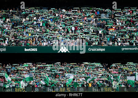 Sevilla, Spanien. 03 Feb, 2019. Anhänger von Real Betis während des LaLiga Übereinstimmung zwischen Real Betis vs Atlético de Madrid im Estadio Benito Villamarin in Sevilla, Spanien. Credit: Javier Montaño/Pacific Press/Alamy leben Nachrichten Stockfoto