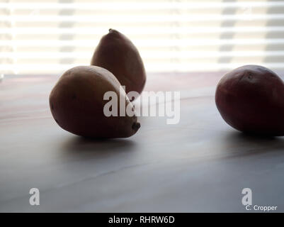 Drei Anjou Birnen auf Tabelle mit Tageslicht Stockfoto