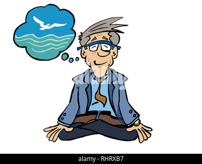 Charakter Bertrand sitzen in Lotus Position und vsualizing den Ozean. Stockfoto