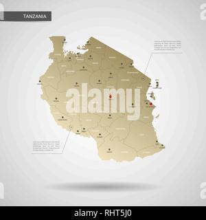 Stylized vector Tansania Karte. Infografik 3d Gold Karte Abbildung mit Städten, Ländergrenzen, Kapital, administrative divisions und Zeiger markiert, Schatten; Stock Vektor