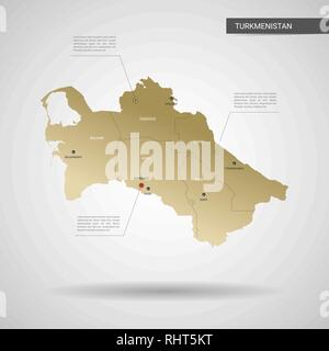 Stylized vector Turkmenistan Karte. Infografik 3d Gold Karte Abbildung mit Städten, Ländergrenzen, Kapital, administrative divisions und Zeiger markiert, Sha Stock Vektor