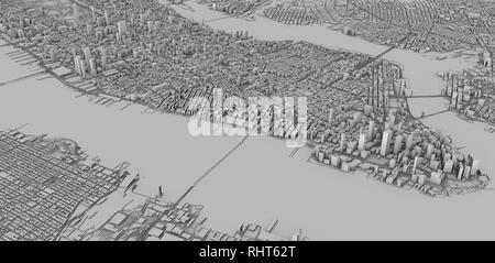 Sat-Blick auf New York City, Karte, 3D-Gebäude, 3D-Rendering. Straßen und Wolkenkratzer von Manhattan Stockfoto