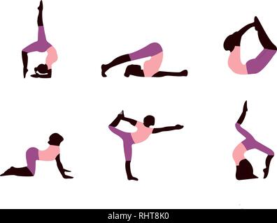 Symbole der Frau in verschiedenen umgedrehten Yoga Posen auf flexiblen, starken und entspannt die Wirbelsäule. Satz farbiger yoga Silhouetten auf weißem Hintergrund. Stock Vektor