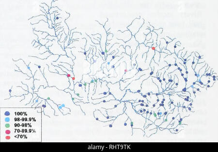 . Die grosse Blackfoot River Restoration Fortschrittsbericht für die Jahre 2002 und 2003. Die Fischpopulationen; Fische ; Fischereiverwaltung ; Forellen Fischerei; Stream Ökologie; Blackfoot River (Mont. ). Und Yellowstone Cutthroat Trout, Overharvest und Wettbewerb mit eingeführt und Bachforelle Bachforelle (Likncs 1984; Allendorf und Leary, 1988; Liknes und Graham 1988; Mclntire und Rieman 1995; Shepard et al. 2003). In der Blackfoot Wasserscheide, WSCT-93% der historischen Bereich besetzen, verglichen mit 39% der besetzten historischen Bereich national. Der Blackfoot River unterstützt auch eine der größeren Fluviale meta-Populationen von Stockfoto