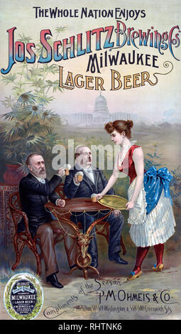 Die ganze Nation genießt Jos Schlitz Brauen Cos' Milwaukee Pilsener Werbung Ca. 1888 - Drucken zeigt eine Breitseite Werbung einer jungen Frau Bier zu zwei gut gekleidete Männer an einem Tisch in einem Garten sitzt mit einem Bild der U.S. Capitol im Hintergrund. Stockfoto