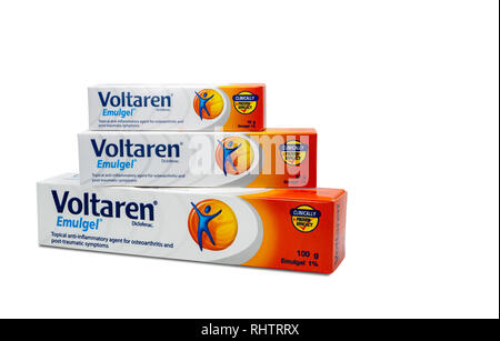 CHONBURI, Thailand - August 9, 2018: Voltaren Emulgel. 1% diclofenac Gel zur äußerlichen Entzündungshemmende, Osteoarthritis, Posttraumatische Symptome. Produk Stockfoto