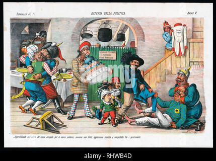 Italienischen politischen Karikatur zeigt das Innere eines Restaurant, wo der Küchenchef (Otto von Bismarck) in die Küche zurückgebracht hat neue Gerichte zuzubereiten, die hinter einem grünen Vorhang mit der Aufschrift "Il cuoco si è eine ritirato piatanze preparare Nuove' Stockfoto