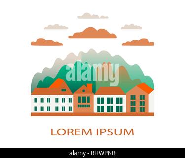 Rural Valley Farm Landschaft auf weißem Hintergrund. Dorf Landschaft mit Ranch in flachem Design Logo. Landschaft mit dem Bauernhof, buildin Stock Vektor