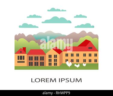 Rural Valley Farm Landschaft auf weißem Hintergrund. Dorf Landschaft mit Ranch in flachem Design Logo. Landschaft mit dem Bauernhof, buildin Stock Vektor