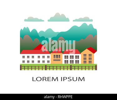 Rural Valley Farm Landschaft auf weißem Hintergrund. Dorf Landschaft mit Ranch in flachem Design Logo. Landschaft mit dem Bauernhof, buildin Stock Vektor