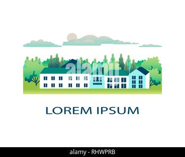 Rural Valley Farm Landschaft auf weißem Hintergrund. Dorf Landschaft mit Ranch in flachem Design Logo. Landschaft mit dem Bauernhof, buildin Stock Vektor