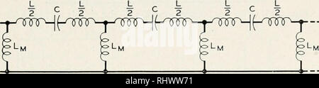 . Das Bell System Technical Journal. Telekommunikation; Elektrotechnik; Kommunikation; Elektronik; Wissenschaft; Technologie. FILTER - TYP Stromkreise 209; 4 ap Ströme sind in der gleichen Richtung. In der Darstellung der Fig. 4.23 die Ströme, die in den gemeinsamen Induktivitäten von Abb. 4.24 haben in entgegengesetzte Richtungen gezogen, und wir sehen, dass die Ströme in die Lücke Kapazitäten fließen abwechselnd nach oben und unten. Mit anderen Worten, im Bild. 4.24, jeder andere Lücke erscheint invertiert. Dies kann berücksichtigt werden, indem ein phasenwinkel-tt zu ^wie von (4.48) berechnet.. Abb. 4.22 - Die Resonatoren Stockfoto