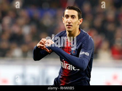 Lyon, Frankreich. 3 Feb, 2019. Angel Di Maria von Paris Saint-Germain feiert zählen während dem Spiel der französischen Ligue 1 Saison 2018-19 23. Runde zwischen Lyon und Paris Saint-Germain in Lyon, Frankreich, Februar 3, 2019. Lyon gewann 2-1. Credit: Franck Pinaro/Xinhua/Alamy leben Nachrichten Stockfoto