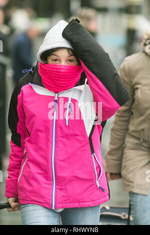 London, Großbritannien. 4. Februar 2019. Fußgänger auf die Westminster Bridge Kampf mit der nassen und windigen Bedingungen in einer kalten, winterlichen Tag in London Credit: Amer ghazzal/Alamy leben Nachrichten Stockfoto