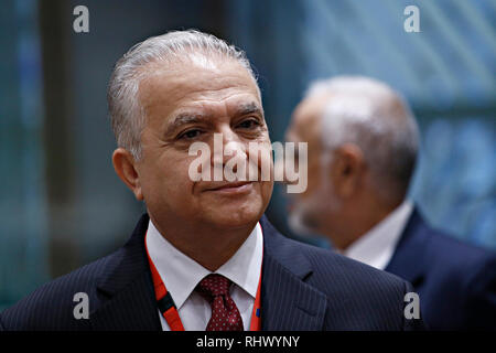 Brüssel, Belgien. 4. Feb. 2019. Irakischen Außenminister Mohammed al-Hakim im 5. EU-Liga der Arabischen Staaten (LAS) Ministertreffen teilnimmt. Alexandros Michailidis/Alamy leben Nachrichten Stockfoto