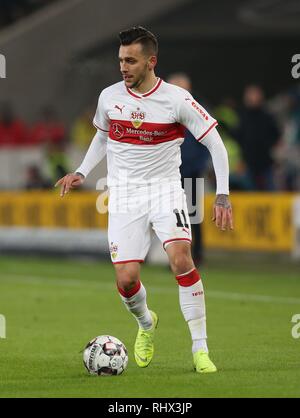 Stuttgart, Deutschland. 03 Feb, 2019. firo: 03.02.2019, Fußball, 1.Bundesliga, Saison 2018/2019 VfB Stuttgart - SC Freiburg 2:2 Anastasios DONIS, Stuttgart, Single Action | Verwendung der weltweiten Kredit: dpa/Alamy leben Nachrichten Stockfoto