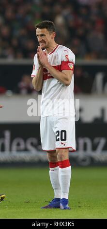 Stuttgart, Deutschland. 03 Feb, 2019. firo: 03.02.2019, Fußball, 1.Bundesliga, Saison 2018/2019 VfB Stuttgart - SC Freiburg 2:2 Christian Fuchs, Stuttgart, Geste | Verwendung der weltweiten Kredit: dpa/Alamy leben Nachrichten Stockfoto