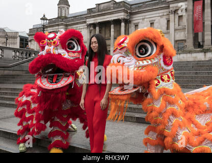 London, Großbritannien. 4 Feb, 2019. Letzte Vorbereitungen für den Start der chinesische Neujahrsfest auf die Schritte der Trafalgar Square, die National Gallery, London, UK. Credit: Joe/Alamy leben Nachrichten Stockfoto