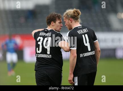 Sandhausen, Deutschland. 03 Feb, 2019. firo: 03.02.2019, Fußball, 2.Bundesliga, Saison 2018/2019, SV Sandhausen - VfL Bochum 3:0 Jubel Sandhausen mit knipping und VERLAAT | Verwendung der weltweiten Kredit: dpa/Alamy leben Nachrichten Stockfoto